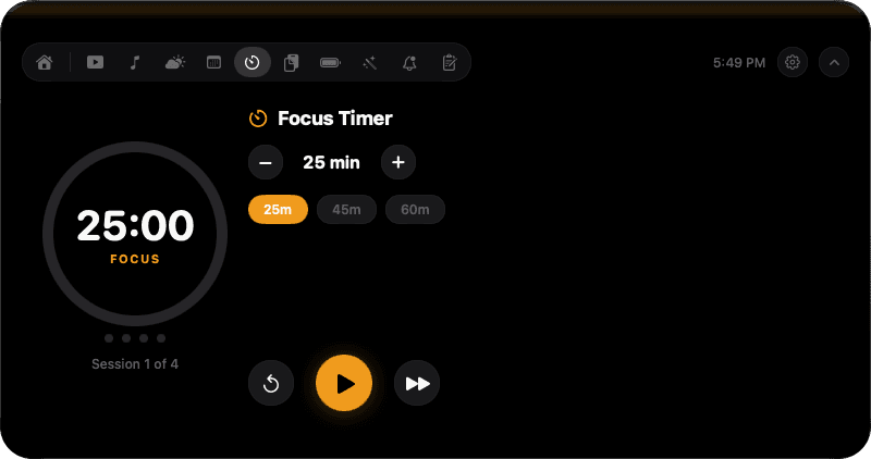 Focus timer panel: a 25:00 countdown ring, session 1 of 4, and 25, 45 and 60 minute presets.