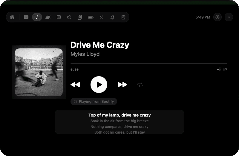 Music panel: album artwork, the song Drive Me Crazy by Myles Lloyd playing from Spotify, playback controls and synced lyrics.