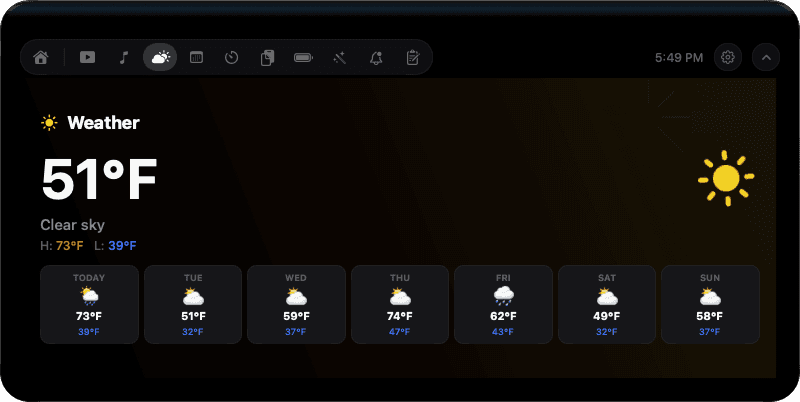 Weather panel: 51°F and clear sky, today's high and low, and a seven-day forecast.